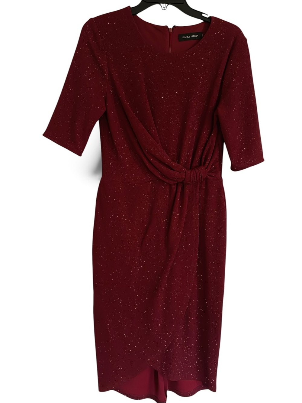 Ivanka Trump Burgundy Sparkle Knot-Front Midi Dress